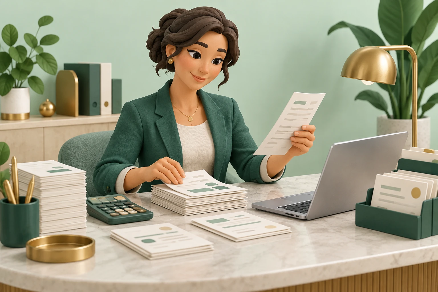 Ilustração descontraída de uma profissional organizando documentos, contas e relatórios financeiros